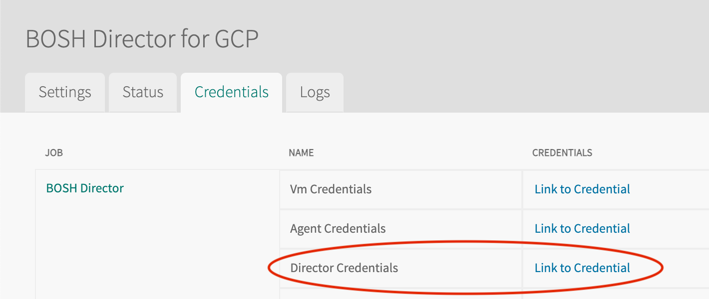 BOSH Director for AWS, Credentials tab, Director Credentials - Link to Credential