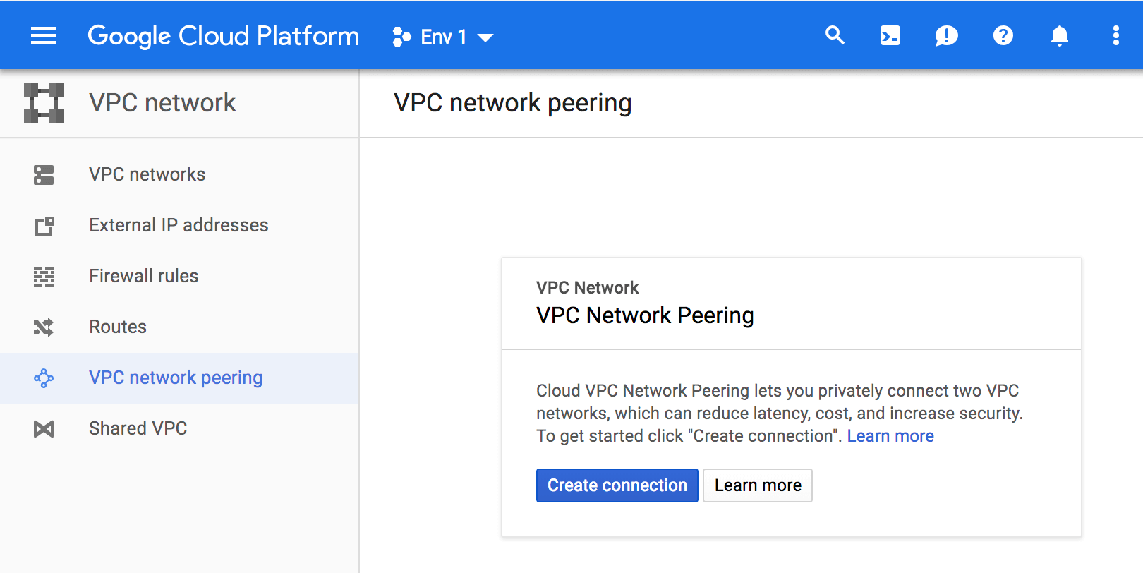 GCP console, VPC network peering screen with Create connection button.