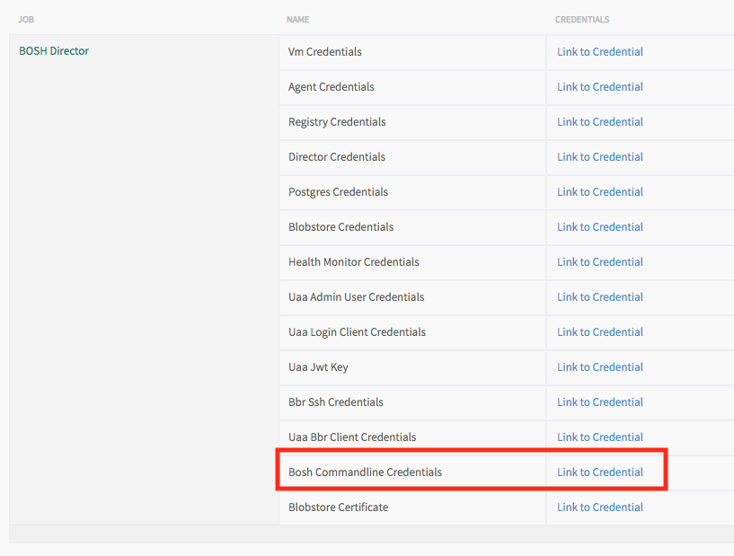 BOSH Director Credentials pane: Click Link to Credential in the BOSH Commandline Credentials row.