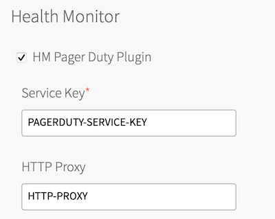 There is a selected check box, HM Pager Duty Plugin, and two text boxes, Service Key and HTTP Proxy.