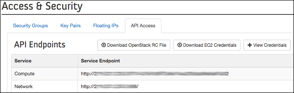 OpenStack Access & Security pane with table of API endpoints.