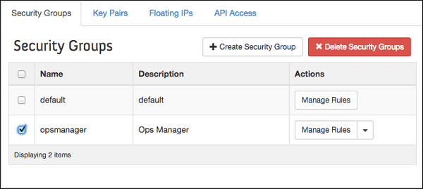Table of Security Groups, with columns Name, Description, and Actions. The Actions column contains a Manage Rules drop-down menu for each security group.