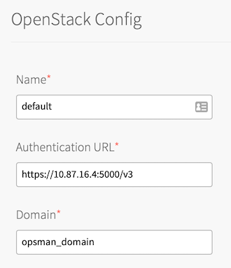 OpenStack Config pane: Contains fields Name, Authentication URL, and Domain (all are required)