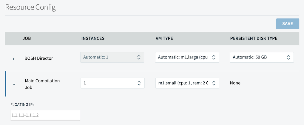 Resource Config page: columns are Job, Instances, VM Type, and Persistent Disk Type