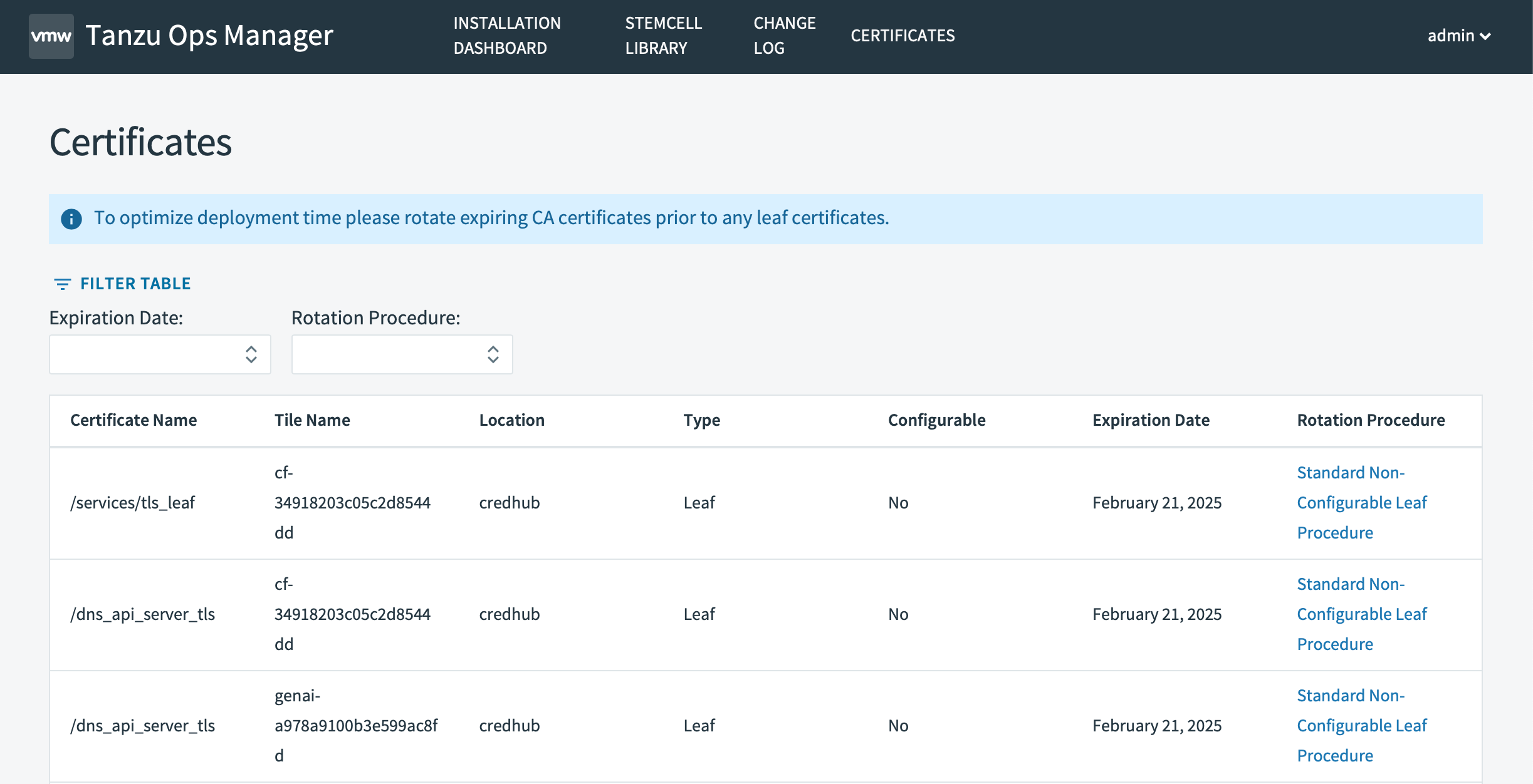 The Certificates page shows information in the following columns: Certificate name, Tile Name, Location, Type, Configurable, Expiration Date, and Rotation Procedure.