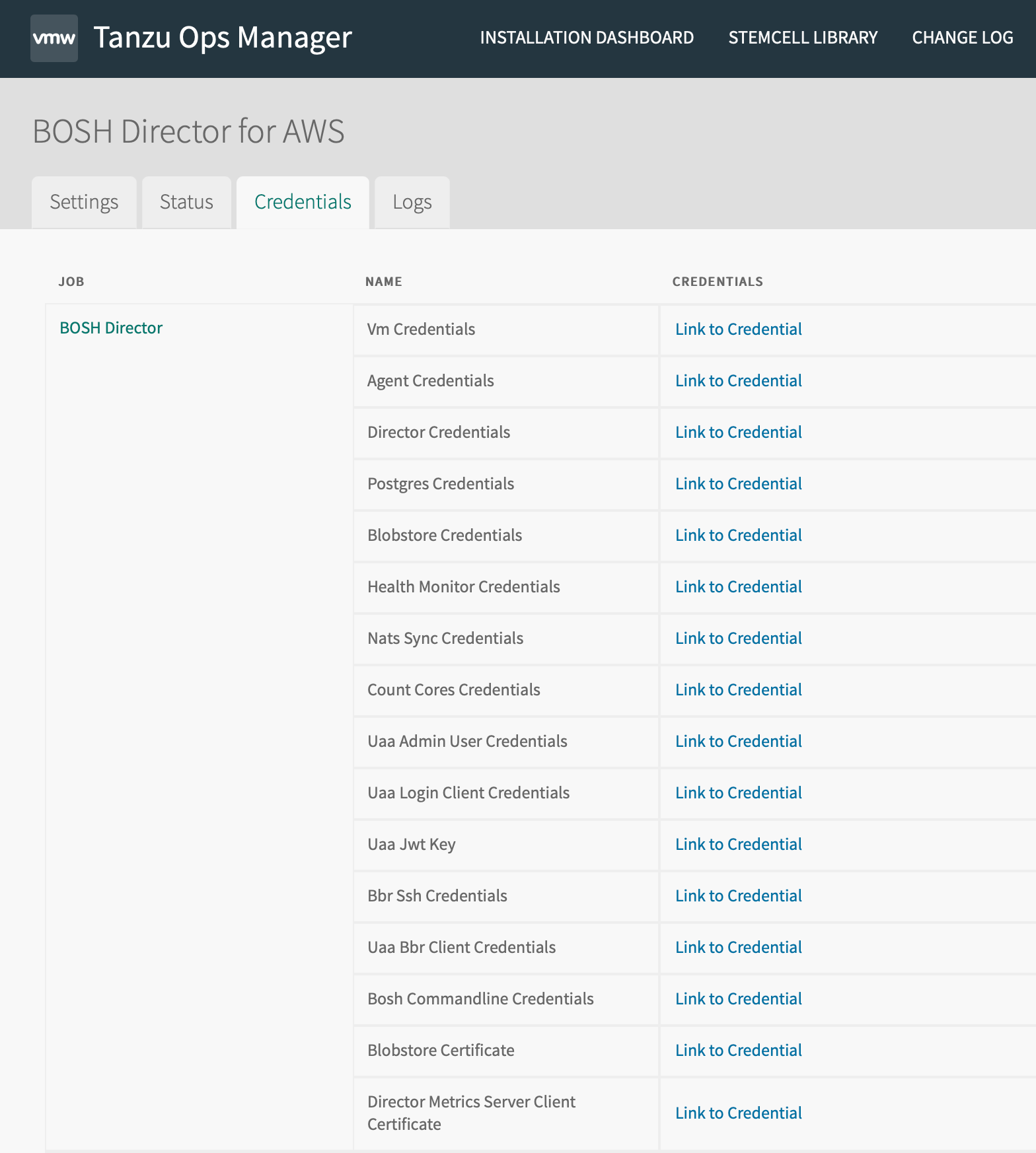 BOSH Director Credentials pane showing links to many types of credentials.