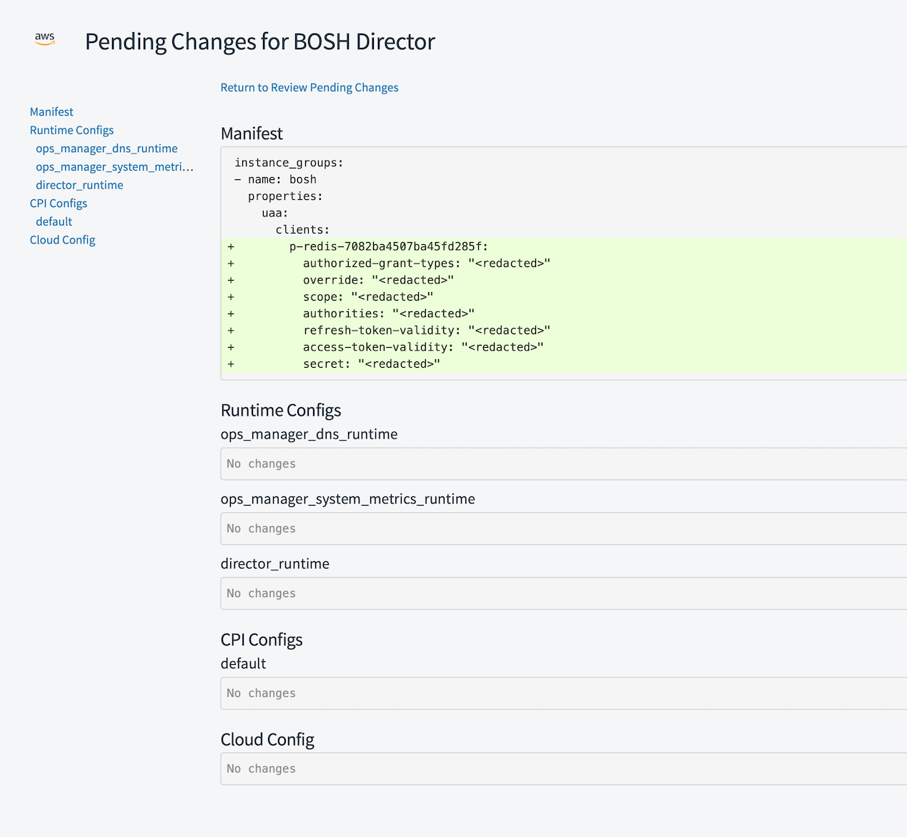 Pending changes for BOSH Director, showing changes to the manifest.