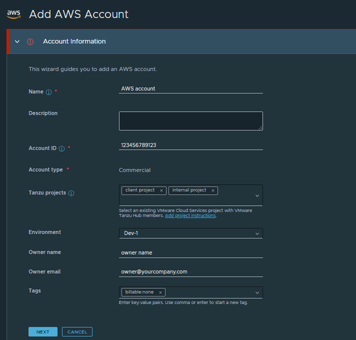 On the Account Information page, you provide a name and your AWS account ID.