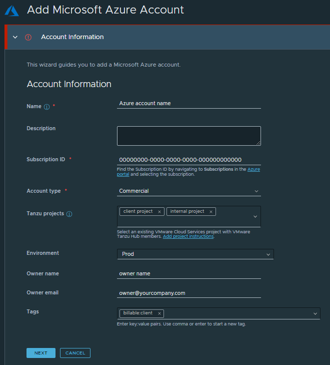 The Account Information section requires a name, an Azure subscription ID, and an account type.