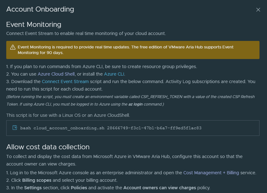 The Account Onboarding page provides the Azure configurations so that you can run the Connect Event Stream script.