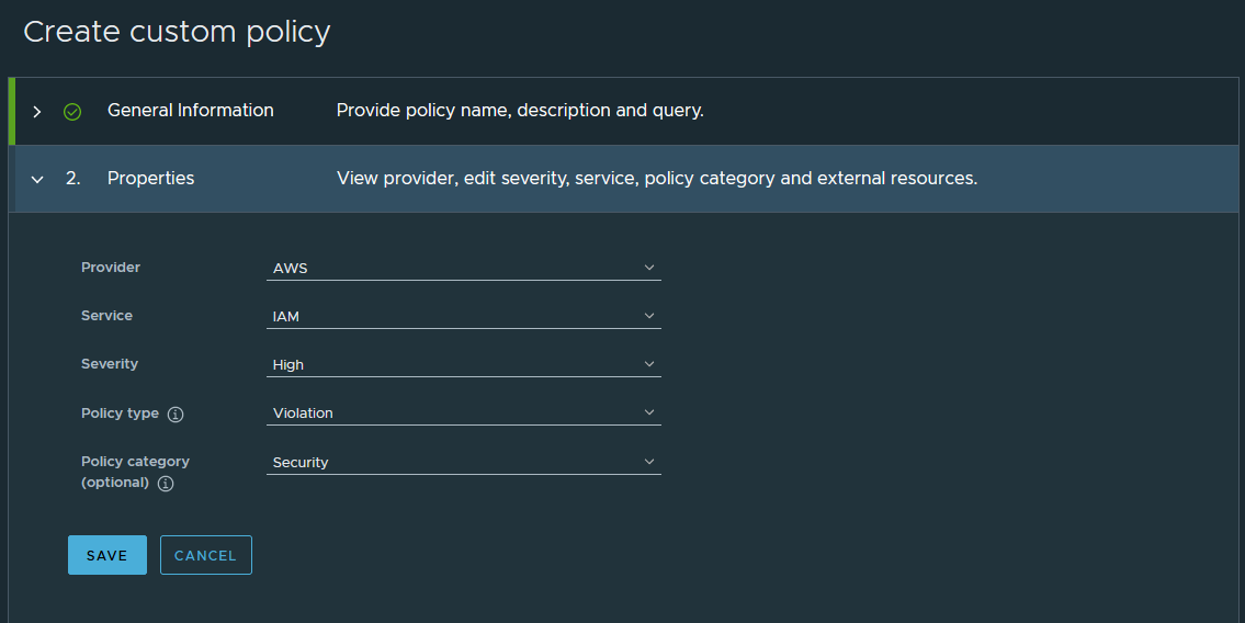 The second step of the custom policy workflow prompts users to enter property information for the provider, service, severity, policy type, and policy category.