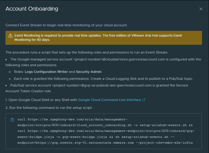 The Account Onboarding section provides the setup script to create the roles and permissions that connect the Event Stream.
