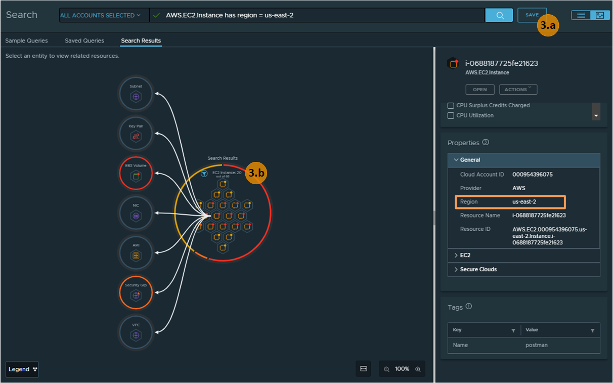 Search result topology with a node selected and displaying related resources.