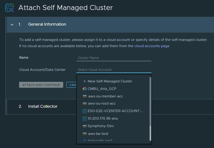 Select an account or select New Self-Managed Cluster.