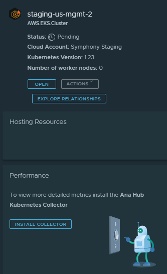 The right pane indicates that the status is pending. You can click Install Collector install the collector for the attached cluster.