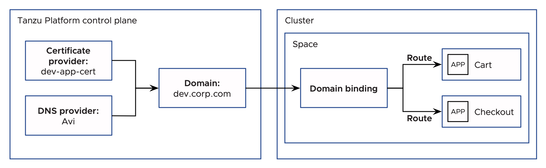 Diagram showing the certificate provider, DNS provider, and domain in the Tanzu control plane. The domain binding and apps are in the cluster.