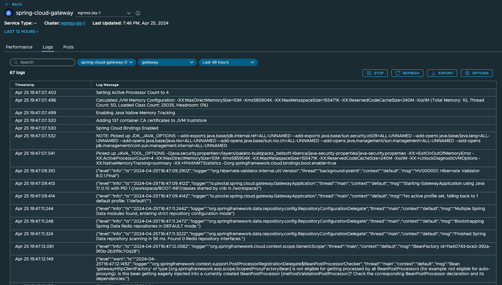 Log streaming for a service pod in Tanzu Platform hub.