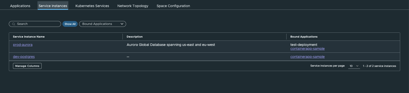 The Service Instances tab in Tanzu Platform hub displays service instances hosted by a cloud provider.