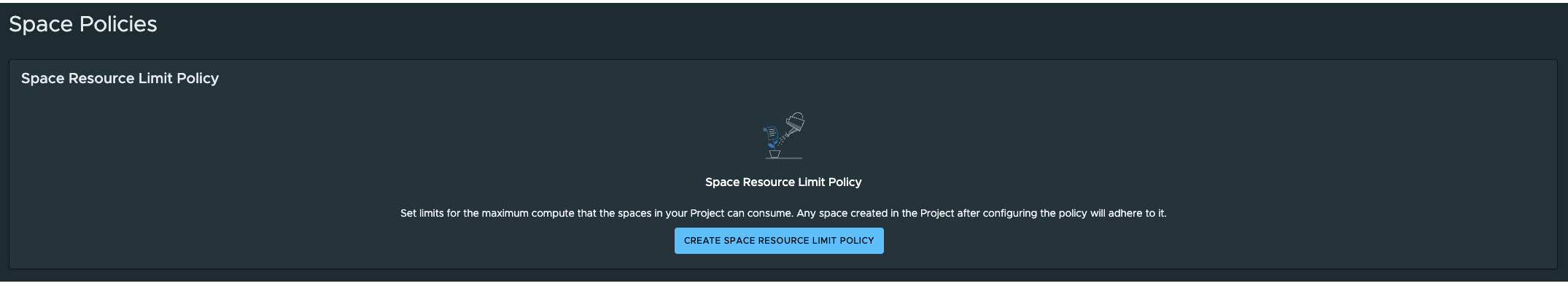 The Space Resource Limit Policy button within Tanzu Platform hub.