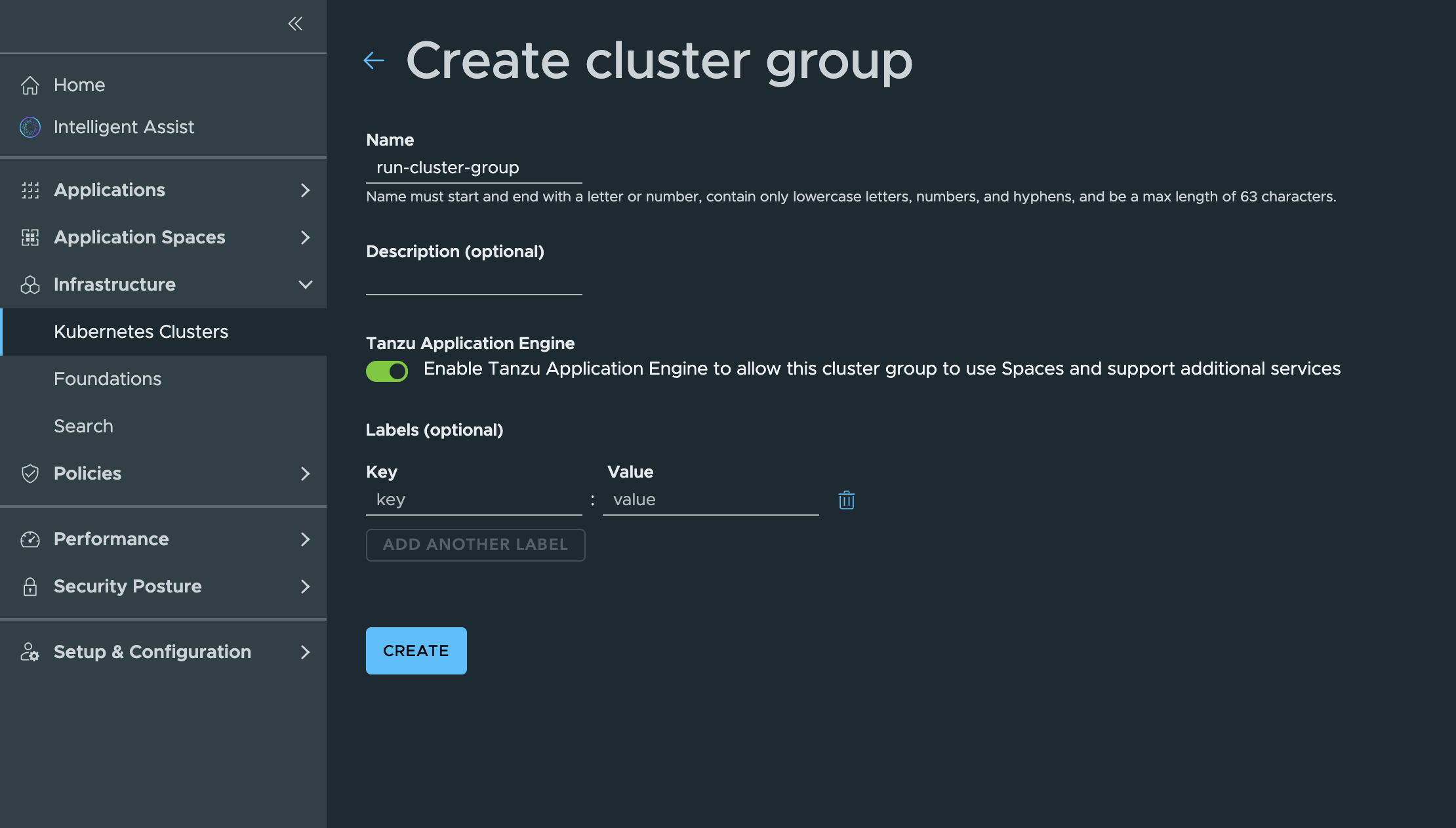 Create cluster group screen