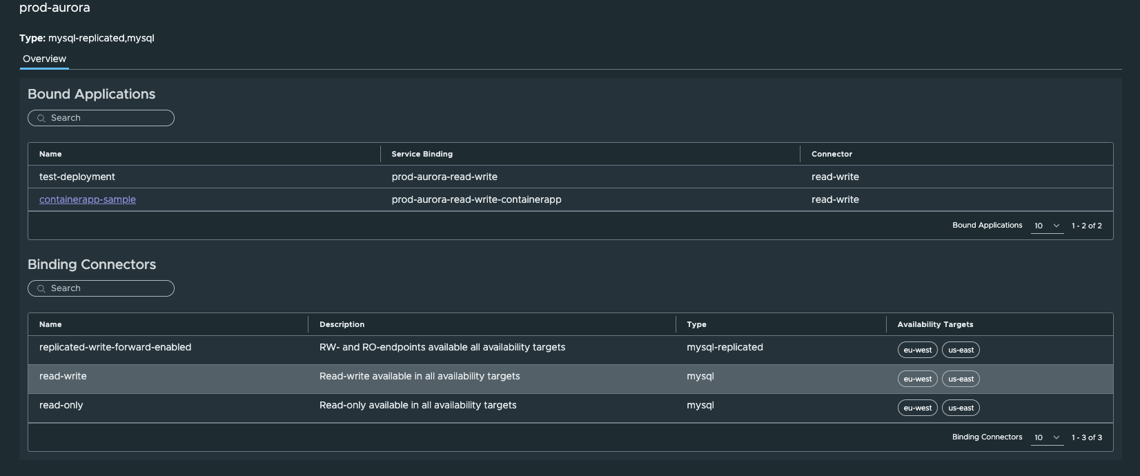 An Overview page in Tanzu Platform hub that displays service instance details.