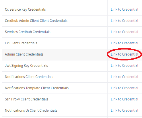 The VMware Tanzu Application Service for VMs tile UI in Ops Manager. A list of credential types with links. The Admin Client Credentials link is circled.