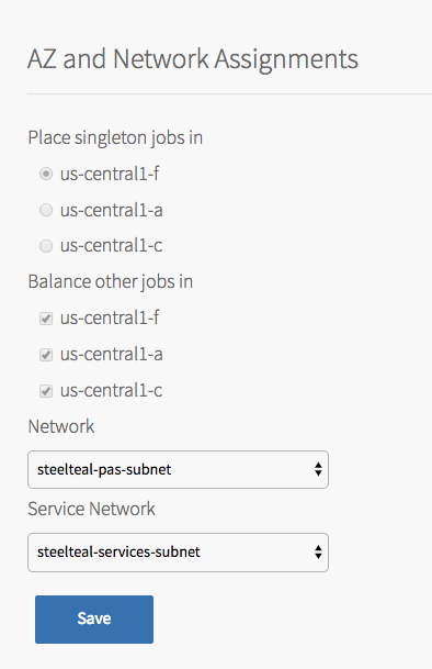 Screenshot of the RabbitMQ tile view. Under the header, AZ and Network Assignments,
there are three radio buttons for selecting where to place singleton jobs and three checkboxes for
selecting where to balance other jobs. Beneath the checkboxes is a dropdown for selecting the network
and a dropdown for selecting the service network.