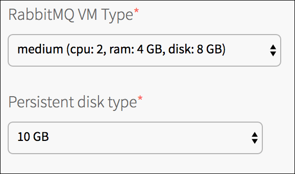 Screenshot of the 'RabbitMQ VM Type' dropdown, which
has the value 'medium (CPU: 2, RAM: 4 GB, disk: 8 GB)',
and the 'Persistent disk type' dropdown, which has the value '10 GB'. Each field
has a red asterisk to show they are required.