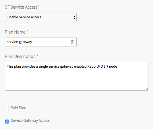 Screenshot of the service plan pane with the service-gateway access checkbox selected.