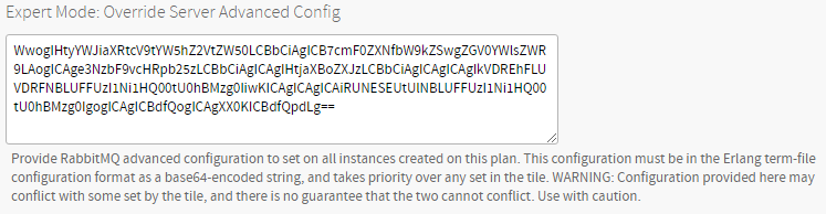 Screenshot of the 'Expert Mode: Override Server Advanced Config' field.
The field contains a base64 encoded configuration that begins with the characters 'WwogIHty'.