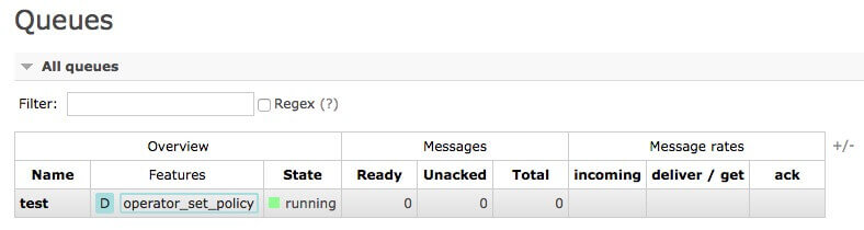 Screenshot of RabbitMQ Management UI. Main header is 'Queues'. An
expanded accordion called 'All queues' shows a filter text field, a regex checkbox field, and a table
with one item named 'test'. The policy called 'operator_set_policy' is highlighted in blue in the
'Features' column of the table. The 'state' column shows the item is green and 'running'.