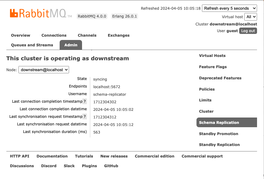 VMware RabbitMQ Management UI for Warm Standby Replication