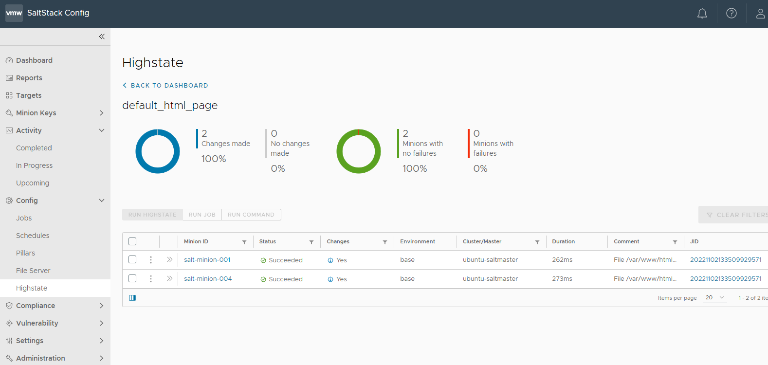 All previous highstate runs for the default html page state in SaltStack Config