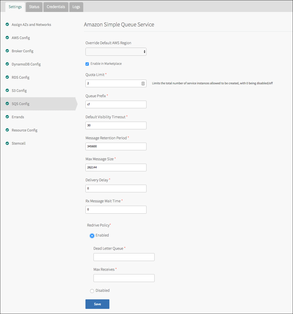 A screenshot of the SQS
Config tab. The configurable fields are described in the following steps.