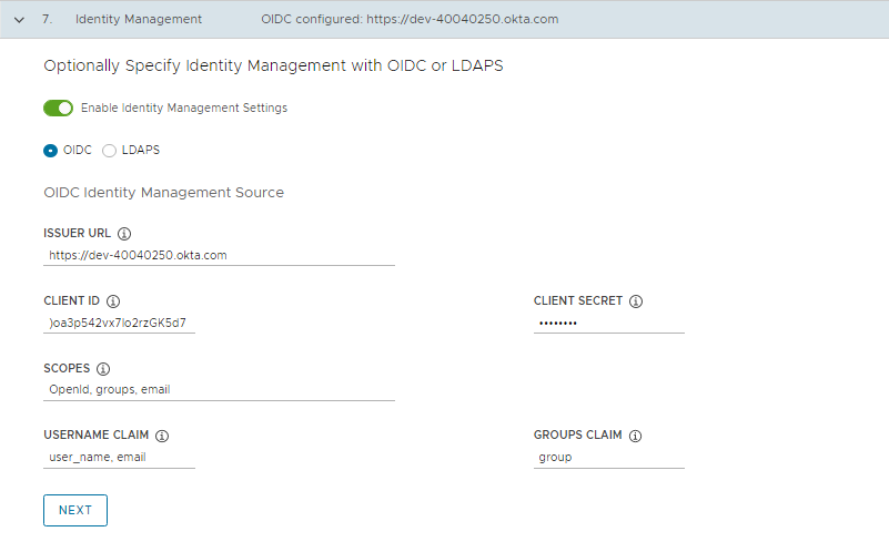 Identity management settings for OIDC