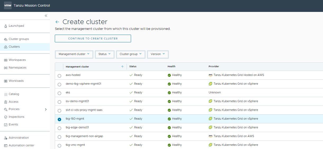 Select management cluster for shared services cluster 