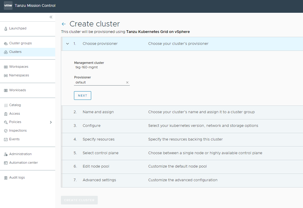 Select provisioner for shared services cluster