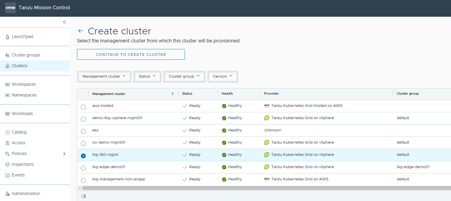 Select management cluster to create workload cluster