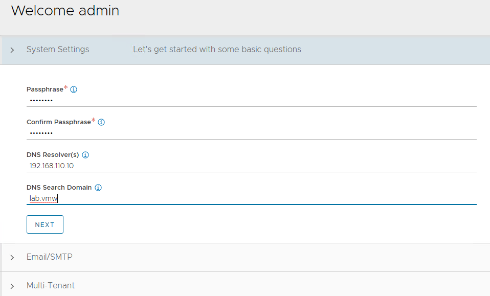 Set backup passphrase and provide DNS information