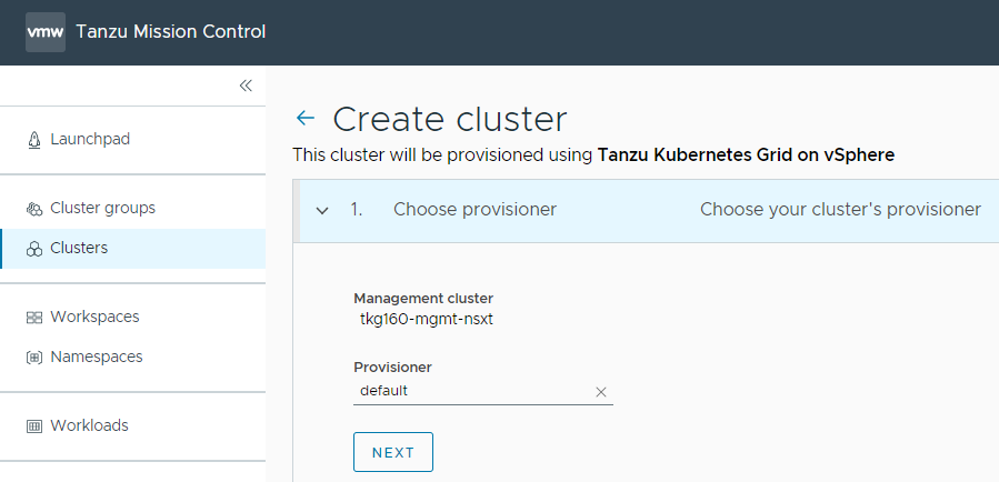 Select provisioner to create workload cluster