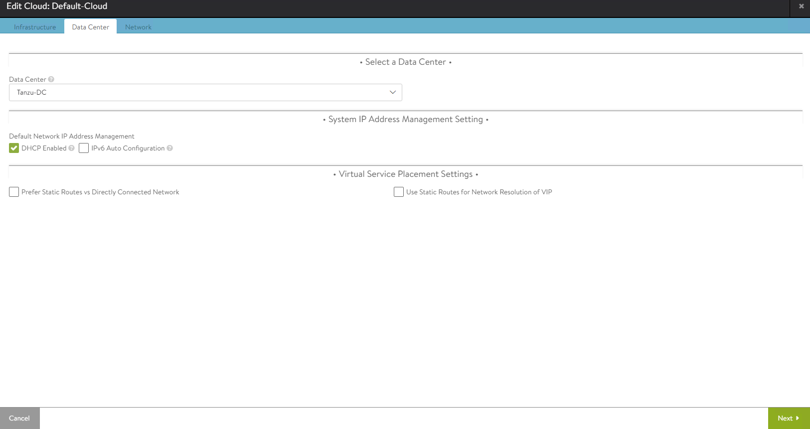 Screenshot of Data Center tab on Edit Cloud screen