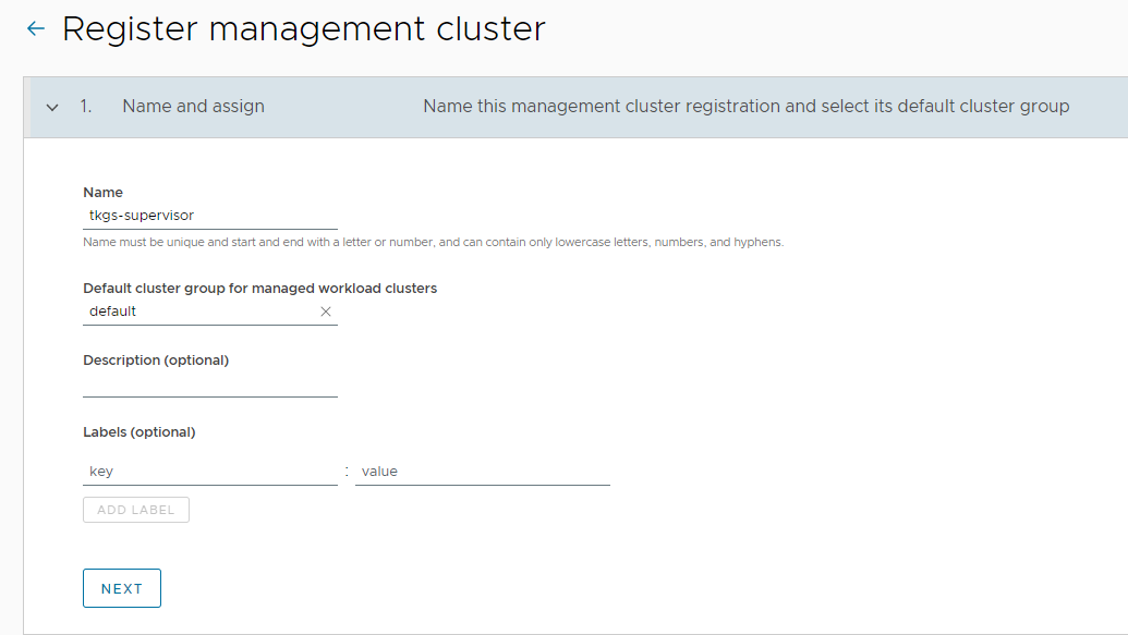 Screenshot of Register management cluster