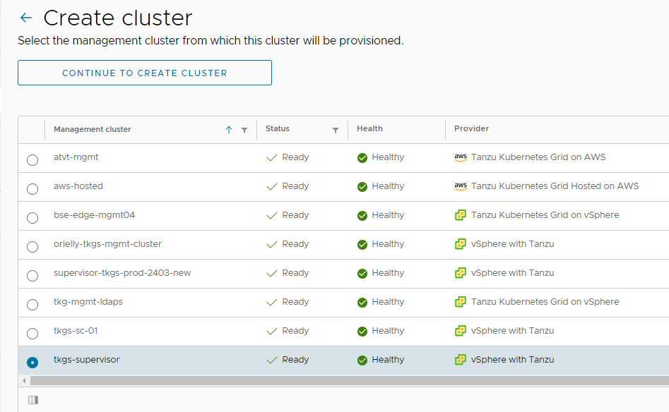 Screenshot of Create cluster screen