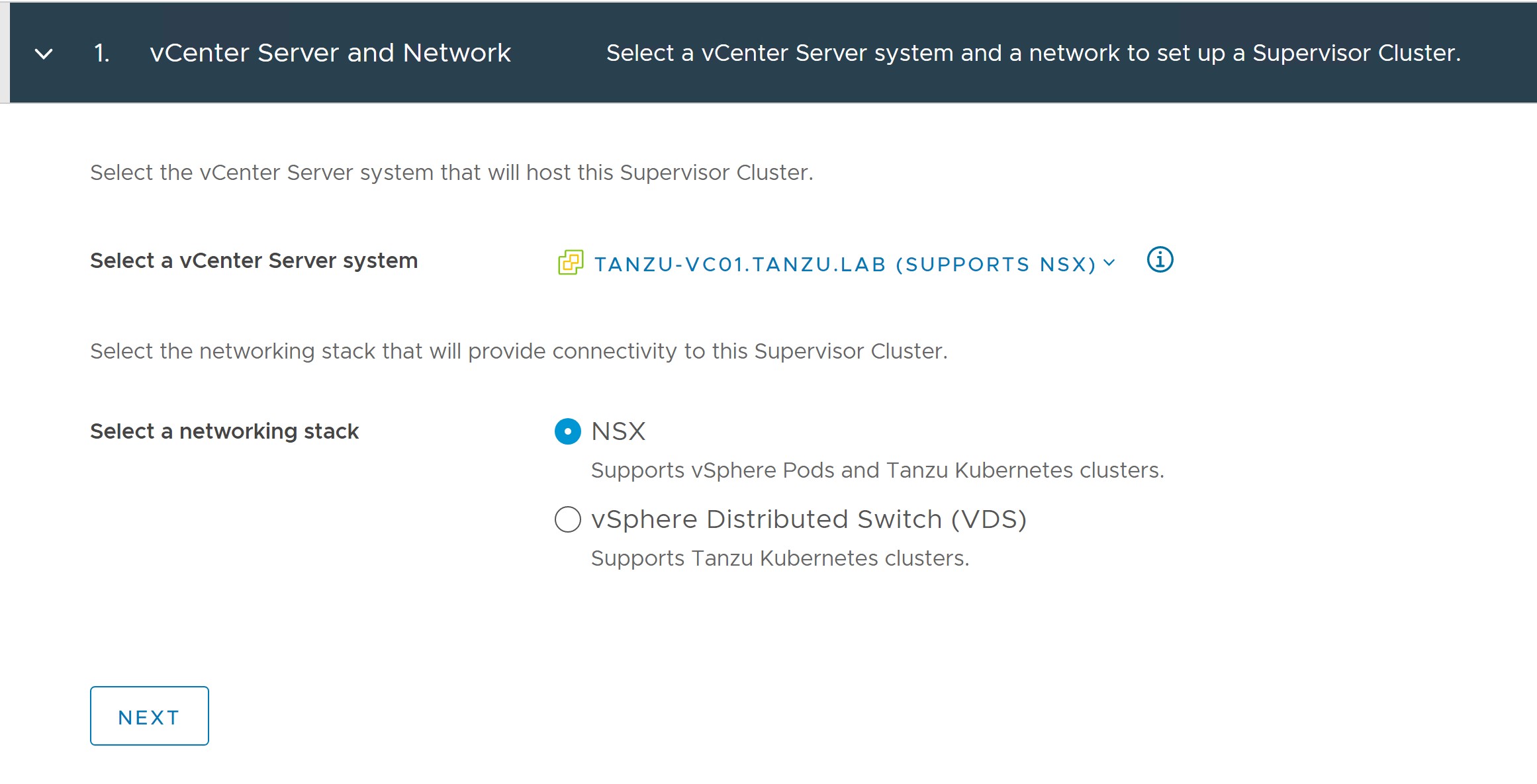 Screenshot of the vCenter UI for configuring vSphere with Tanzu