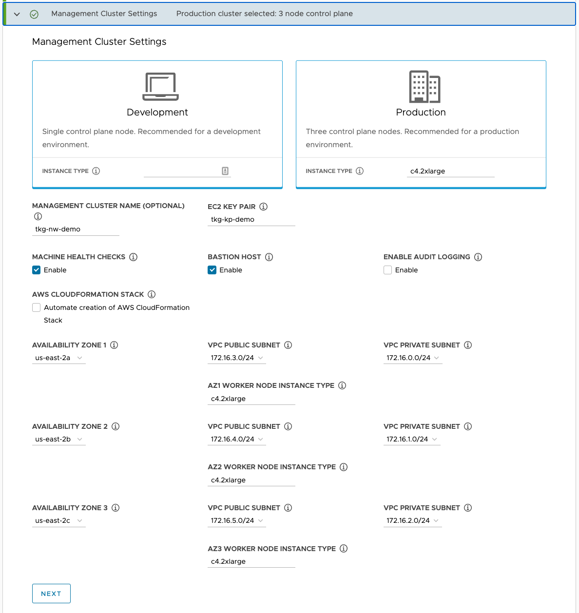 management cluster specifications