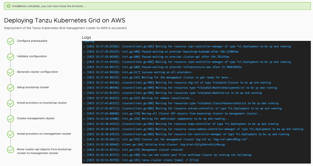 Complete management cluster deployment