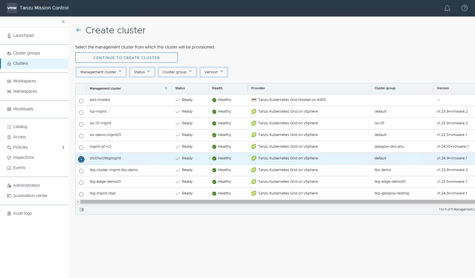 Select management cluster for shared services cluster 