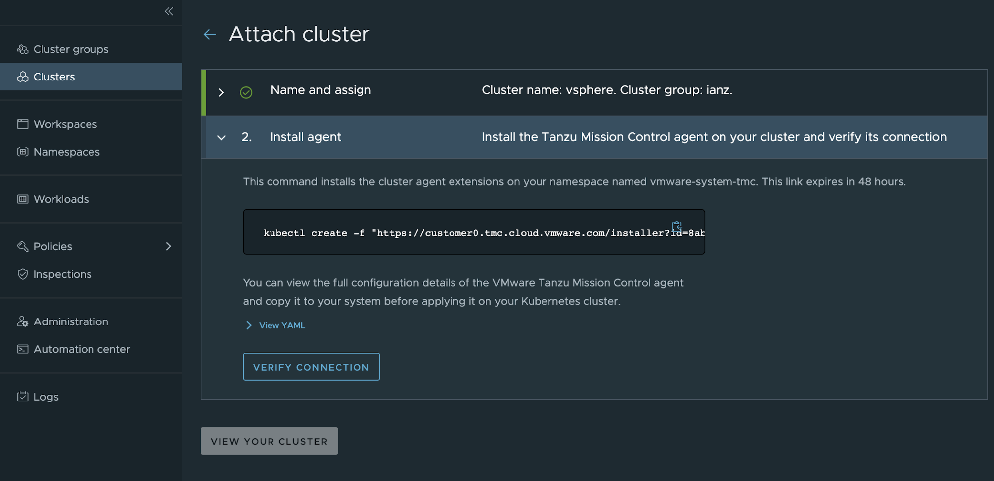 Tanzu Mission Control attach cluster