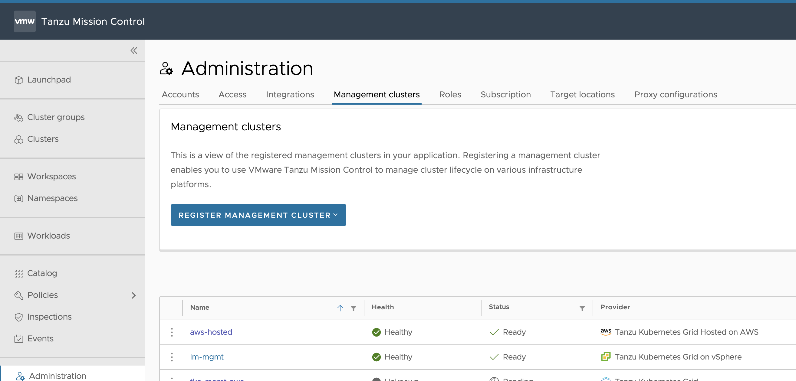 Tanzu Mission Control Register Management cluster