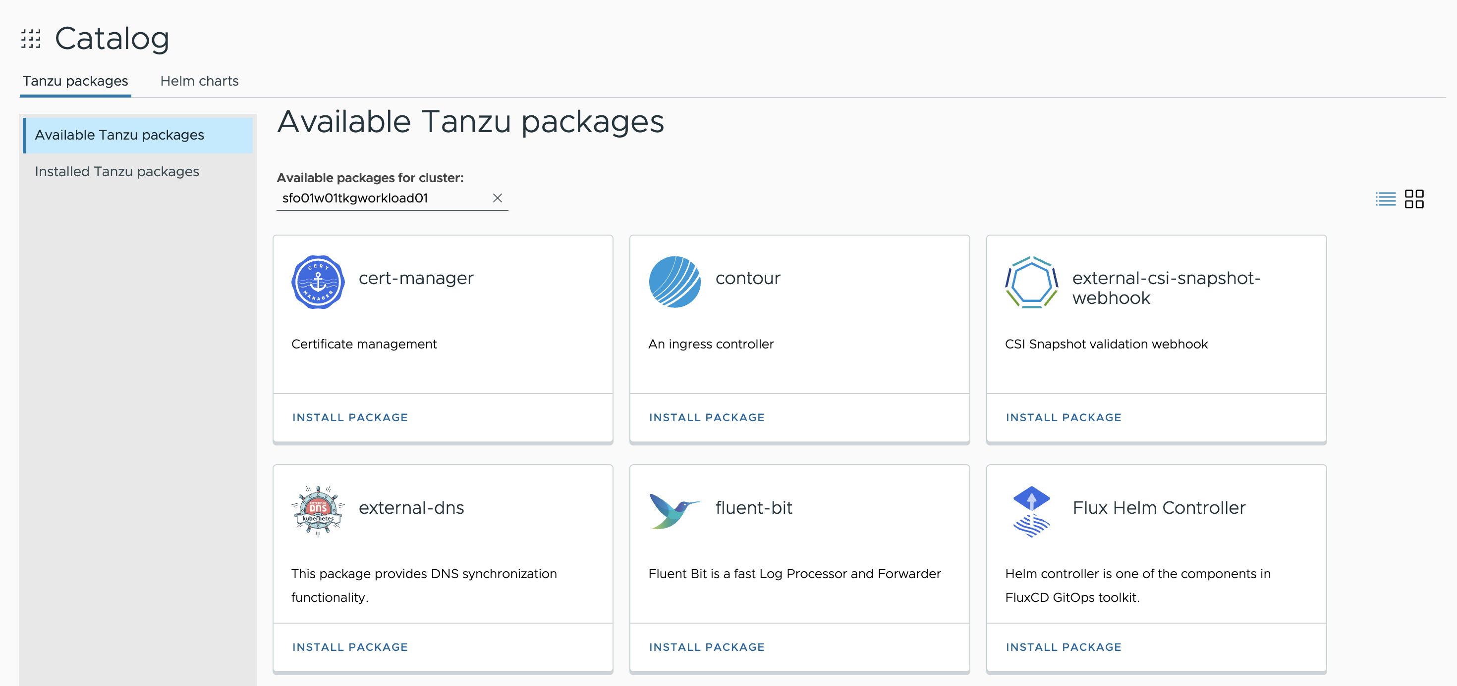 Tanzu Mission Control Catalog page showing available packages